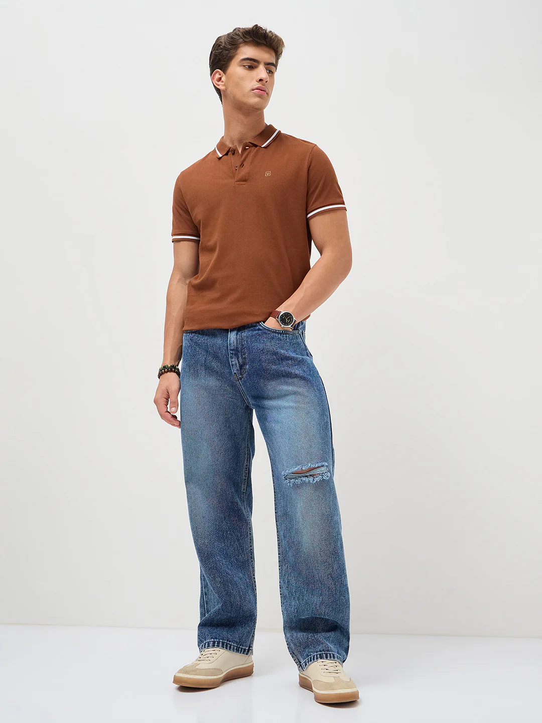 Men's Chocolate Brown Solid Regular Fit Half Sleeve Cotton Polo T-Shirt - Image 4