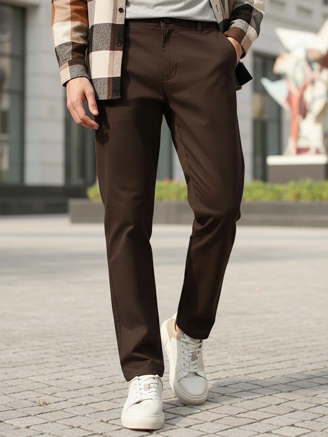 Men's Chocolate Brown Cotton Regular Fit Casual Chinos Trousers Stretch