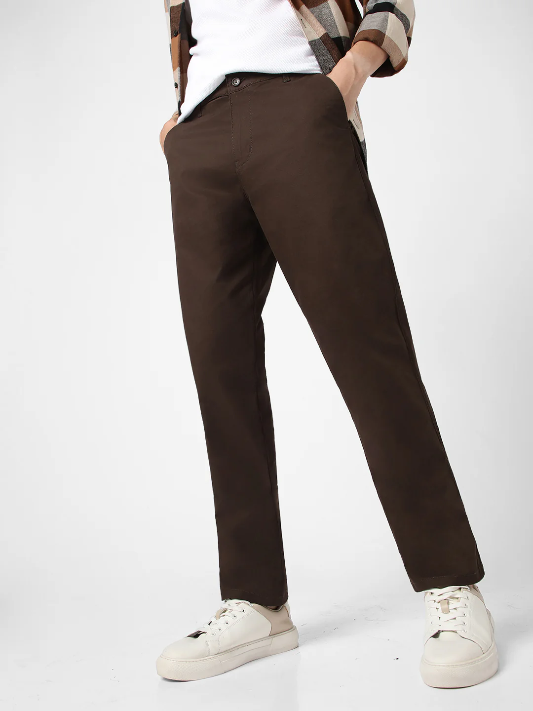 Men's Chocolate Brown Cotton Regular Fit Casual Chinos Trousers Stretch - Image 2