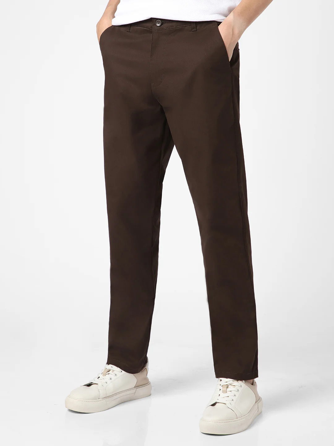Men's Chocolate Brown Cotton Regular Fit Casual Chinos Trousers Stretch - Image 3