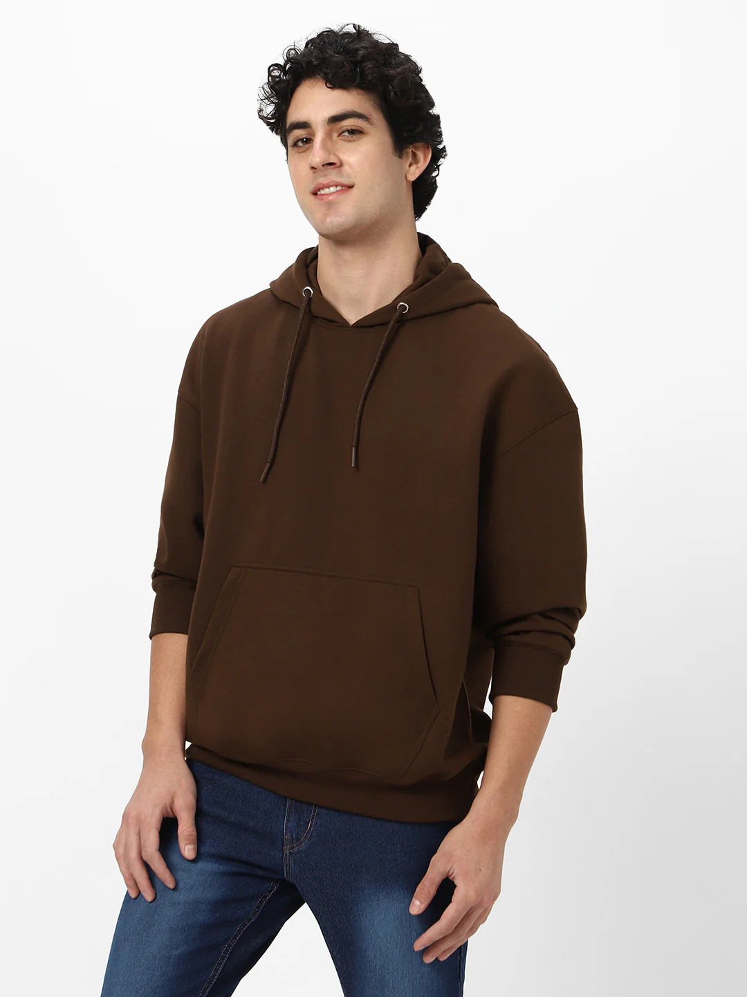 Men's Chocolate Brown Cotton Solid Oversized Hooded Neck Sweatshirt - Image 2