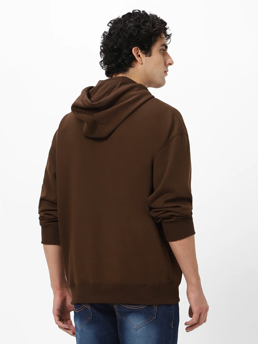 Men's Chocolate Brown Cotton Solid Oversized Hooded Neck Sweatshirt - Image 3
