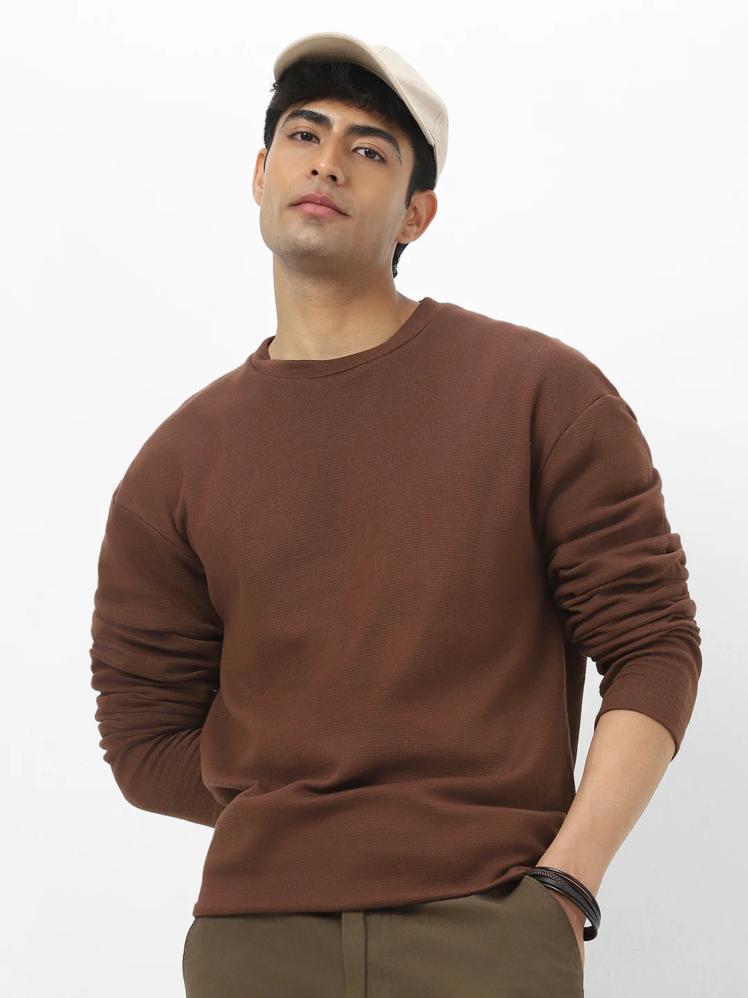 Men's Chocolate Brown Textured Round Neck Oversized Full Sleeve Cotton T-Shirt - Image 2