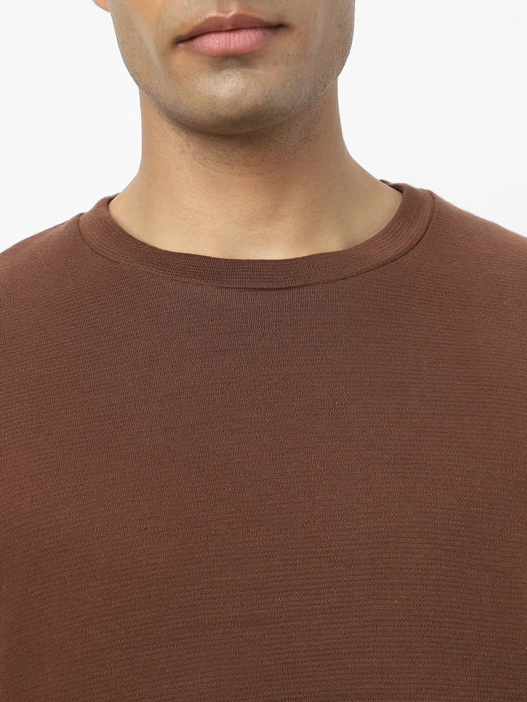 Men's Chocolate Brown Textured Round Neck Oversized Full Sleeve Cotton T-Shirt - Image 3