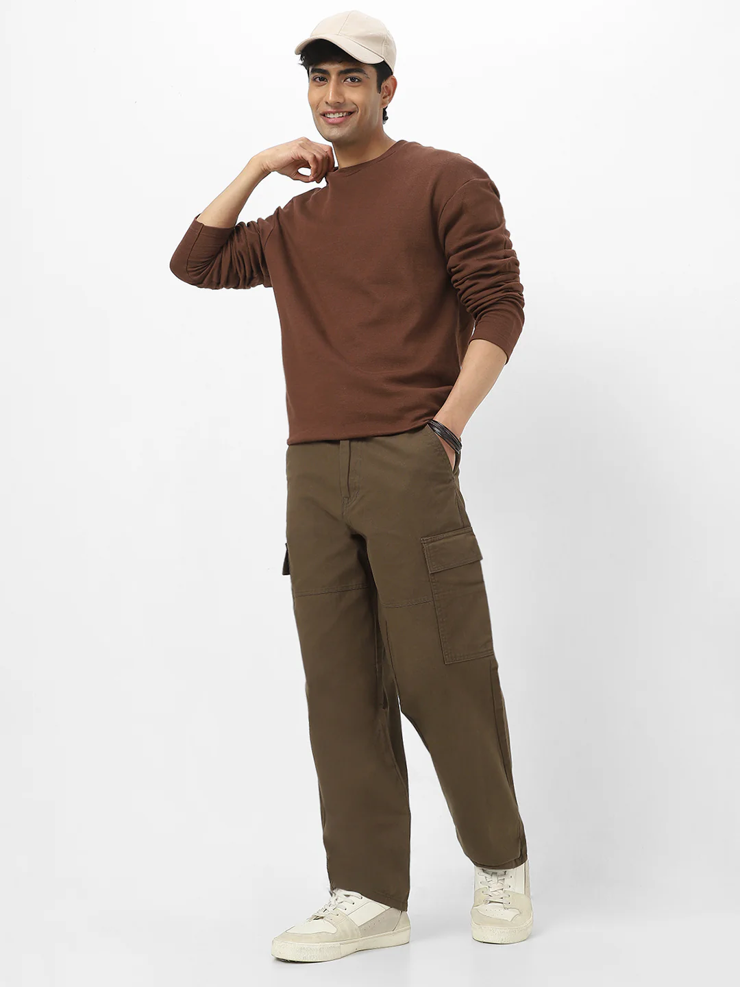 Men's Chocolate Brown Textured Round Neck Oversized Full Sleeve Cotton T-Shirt - Image 6