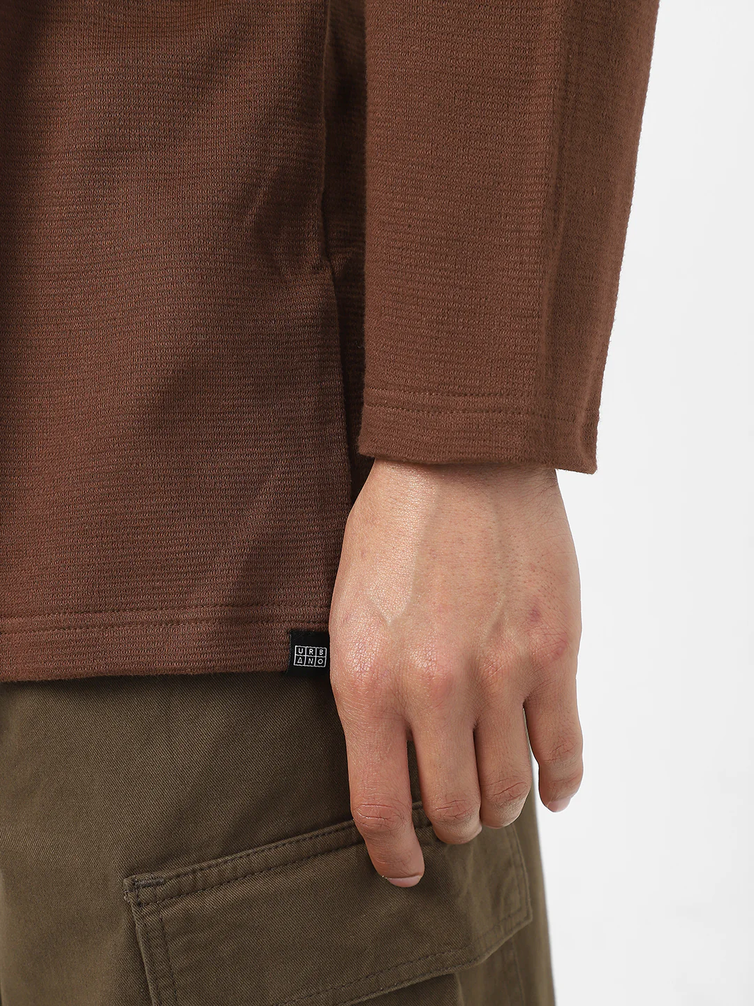 Men's Chocolate Brown Textured Round Neck Oversized Full Sleeve Cotton T-Shirt - Image 7