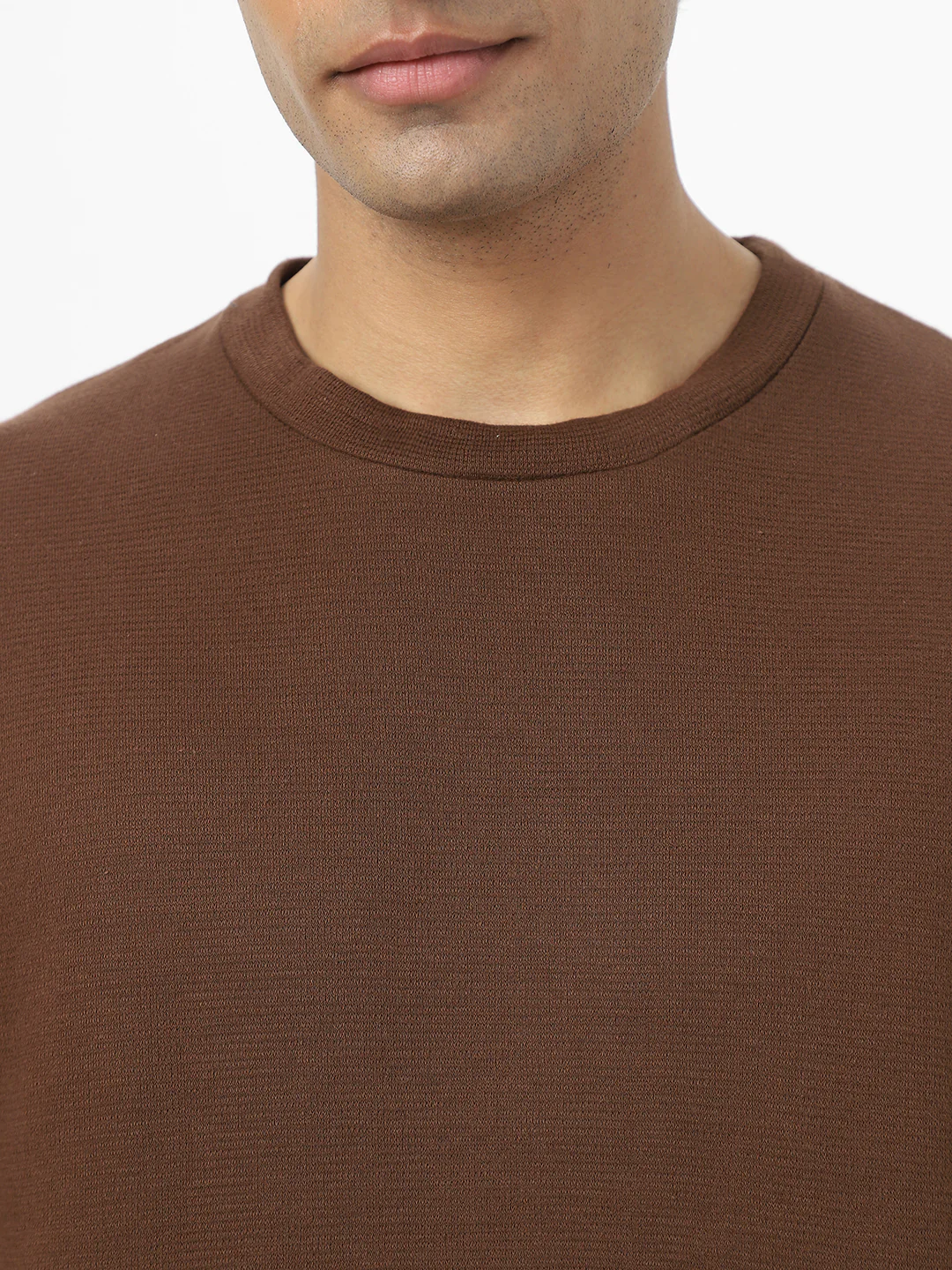 Men's Chocolate Brown Textured Round Neck Oversized Half Sleeve Cotton T-Shirt - Image 3
