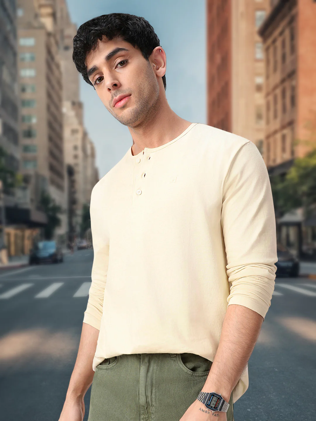 Men's Cloud Cream Solid Henley Neck Slim Fit Full Sleeve Cotton T-Shirt