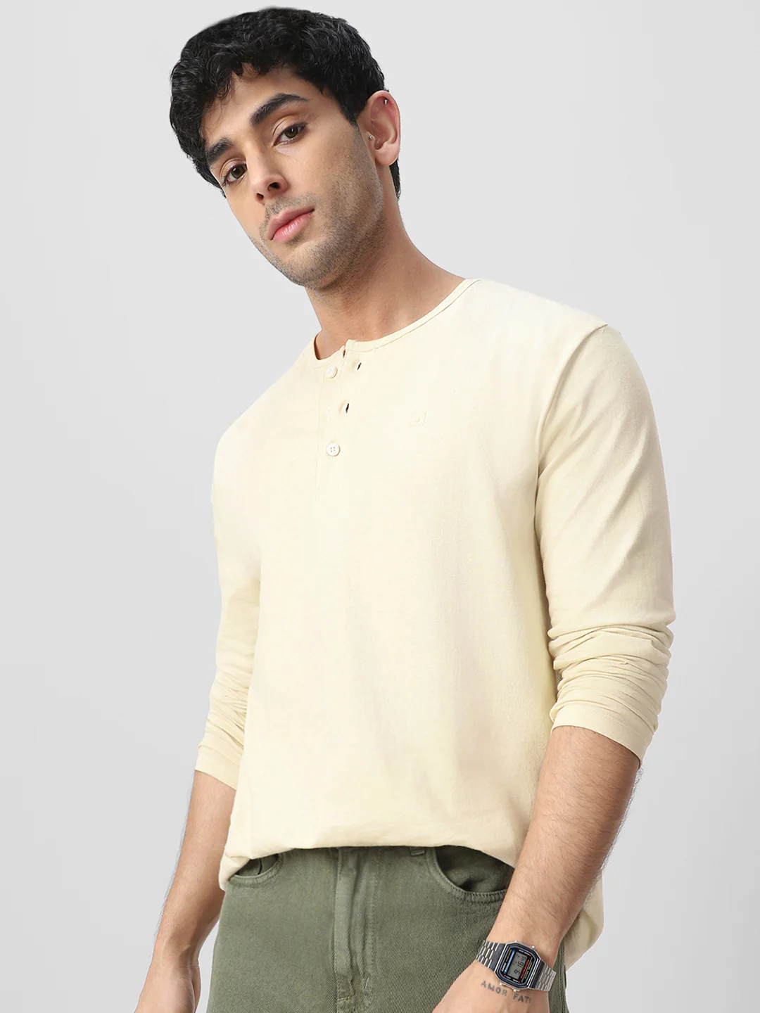 Men's Cloud Cream Solid Henley Neck Slim Fit Full Sleeve Cotton T-Shirt - Image 2