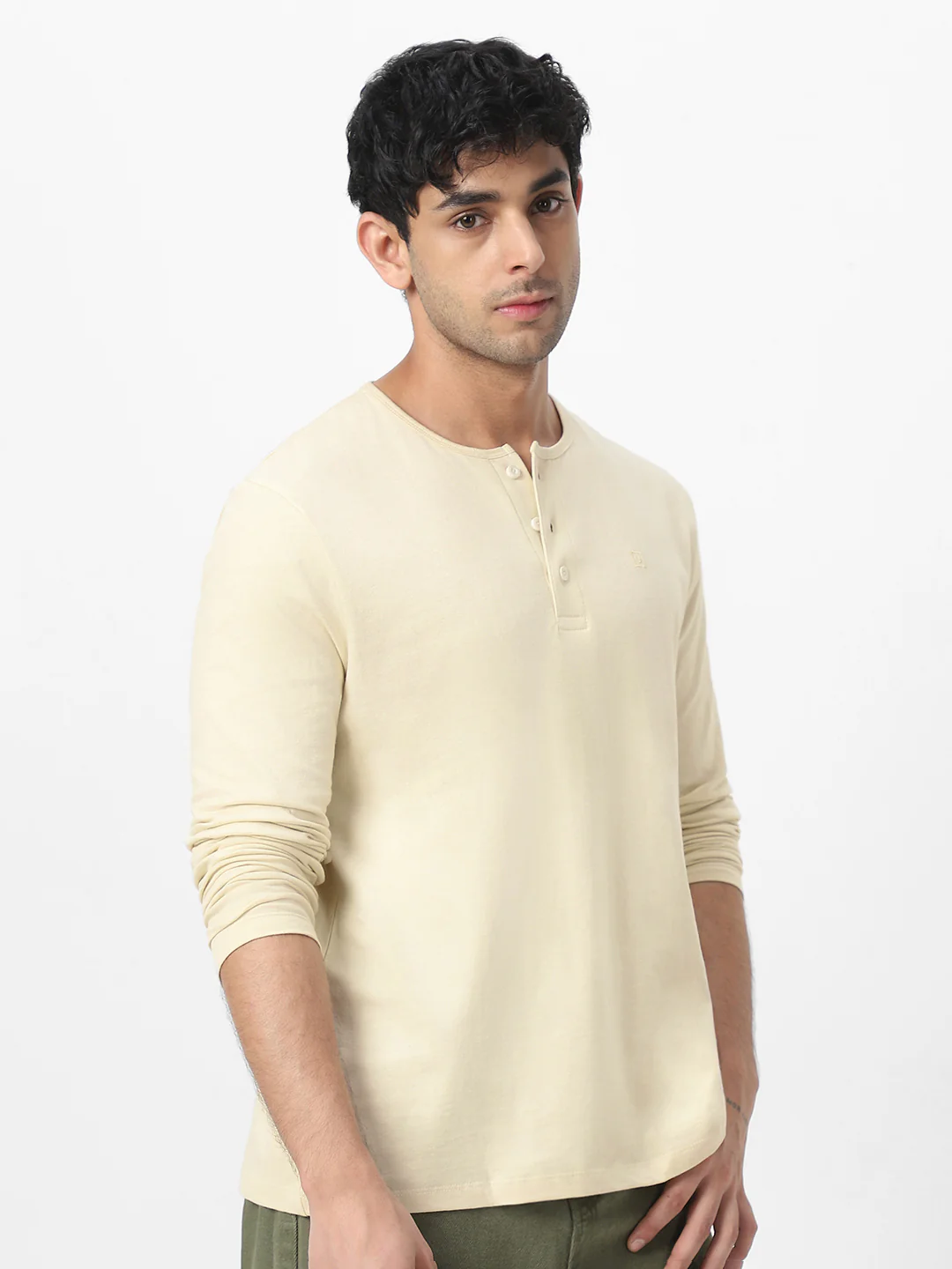 Men's Cloud Cream Solid Henley Neck Slim Fit Full Sleeve Cotton T-Shirt - Image 3