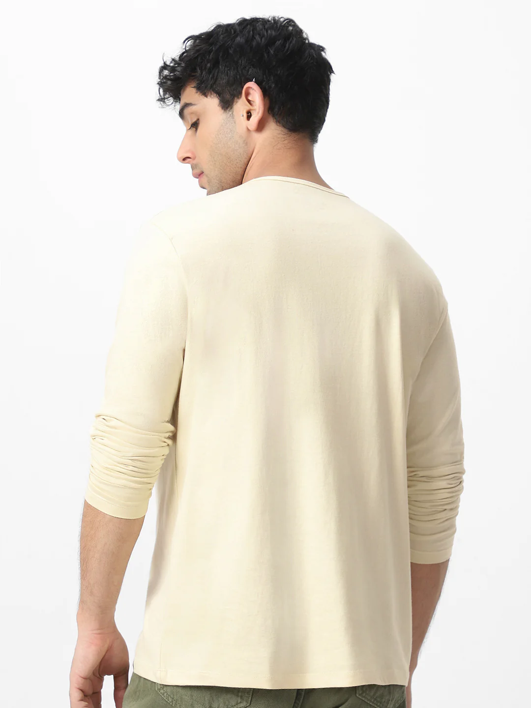Men's Cloud Cream Solid Henley Neck Slim Fit Full Sleeve Cotton T-Shirt - Image 4