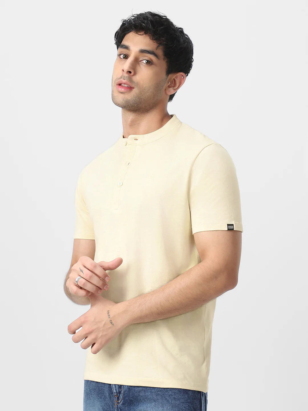Men's Cloud Cream Solid Mandarin Collar Slim Fit Half Sleeve Cotton T-Shirt - Image 2