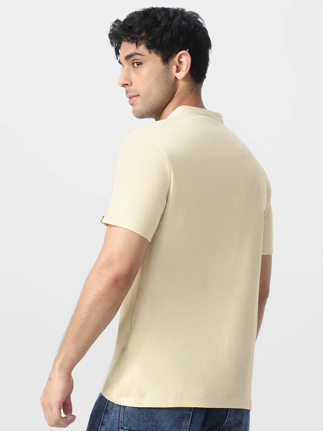 Men's Cloud Cream Solid Mandarin Collar Slim Fit Half Sleeve Cotton T-Shirt - Image 3