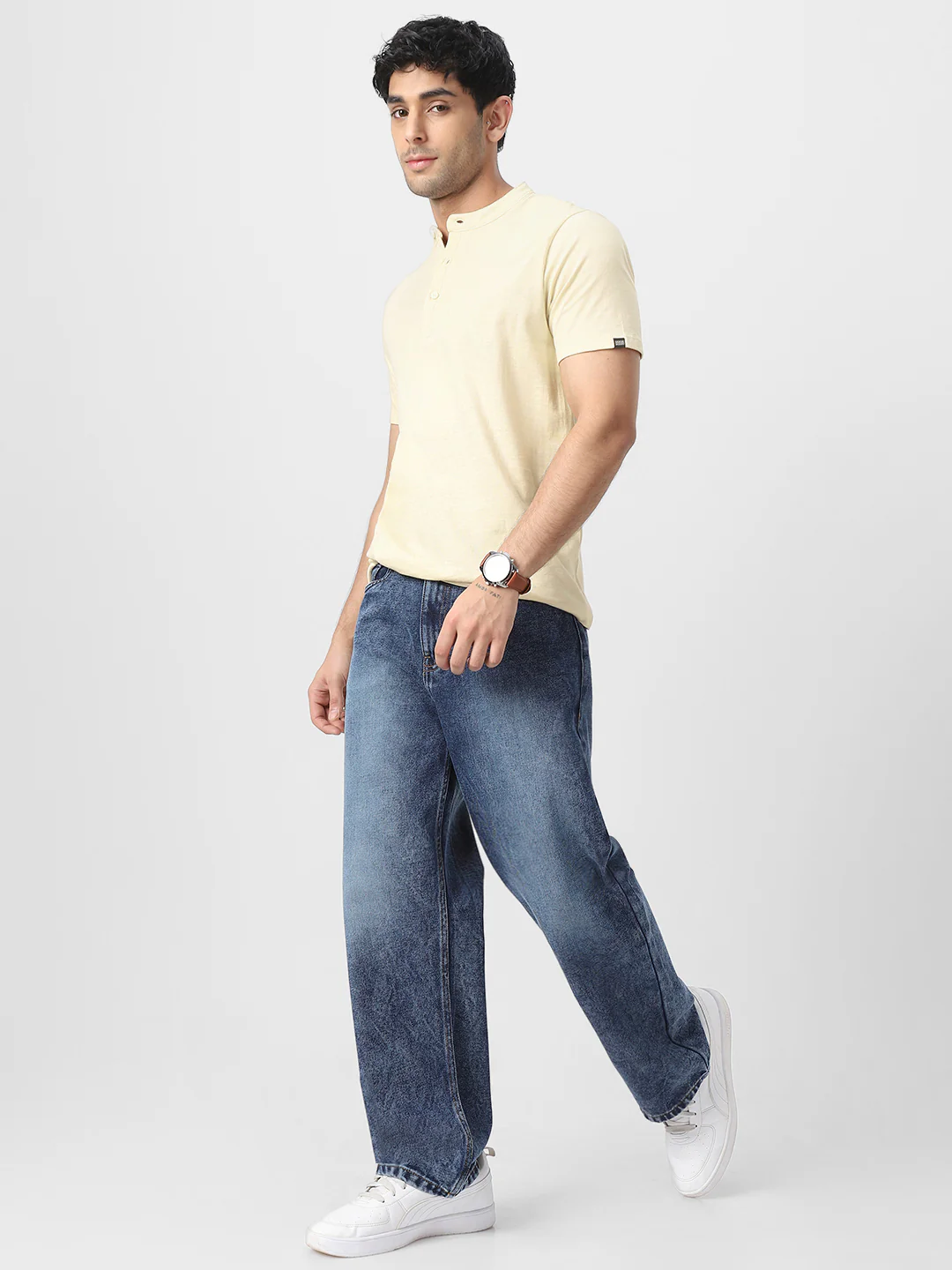 Men's Cloud Cream Solid Mandarin Collar Slim Fit Half Sleeve Cotton T-Shirt - Image 4