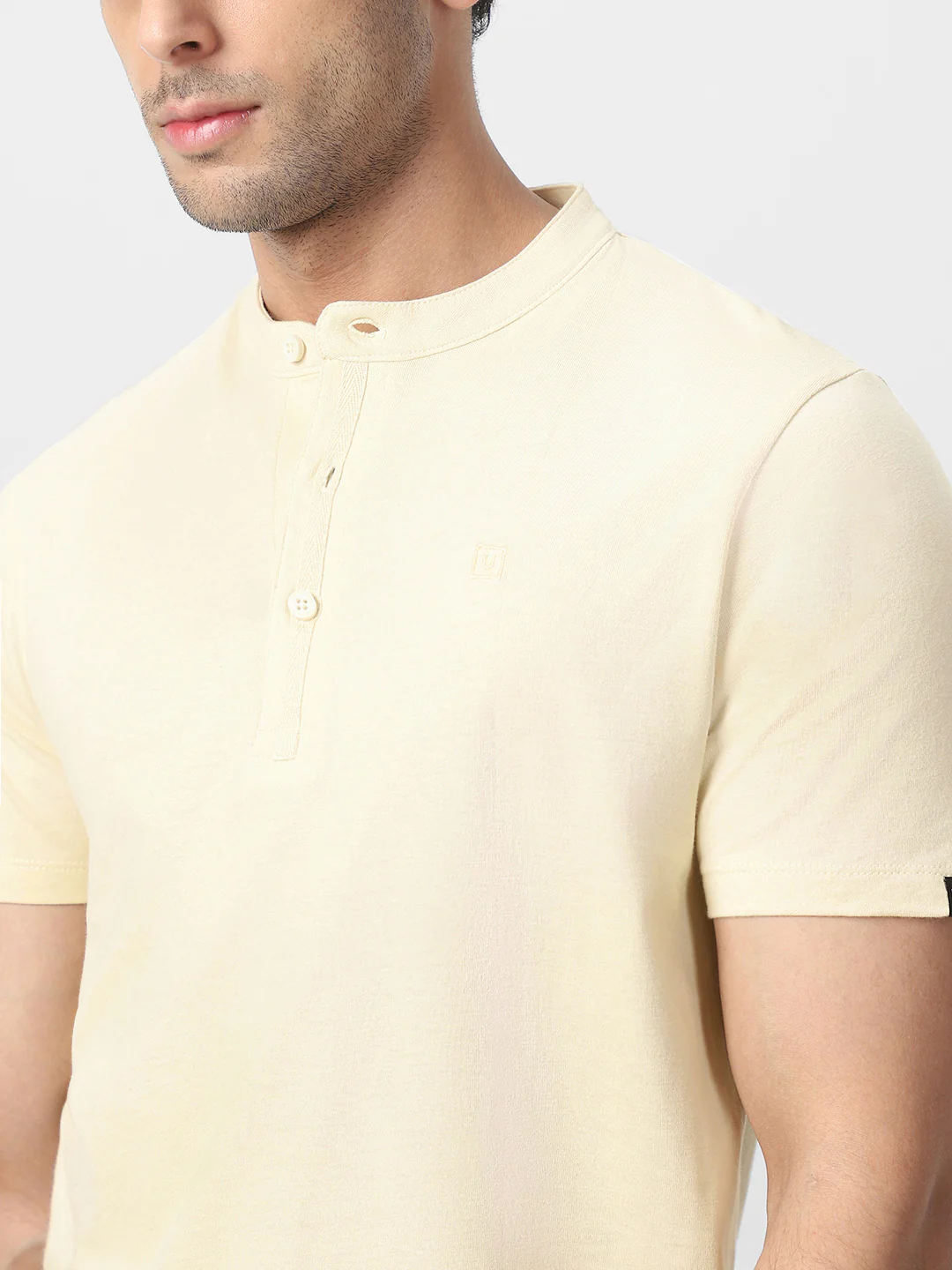 Men's Cloud Cream Solid Mandarin Collar Slim Fit Half Sleeve Cotton T-Shirt - Image 5