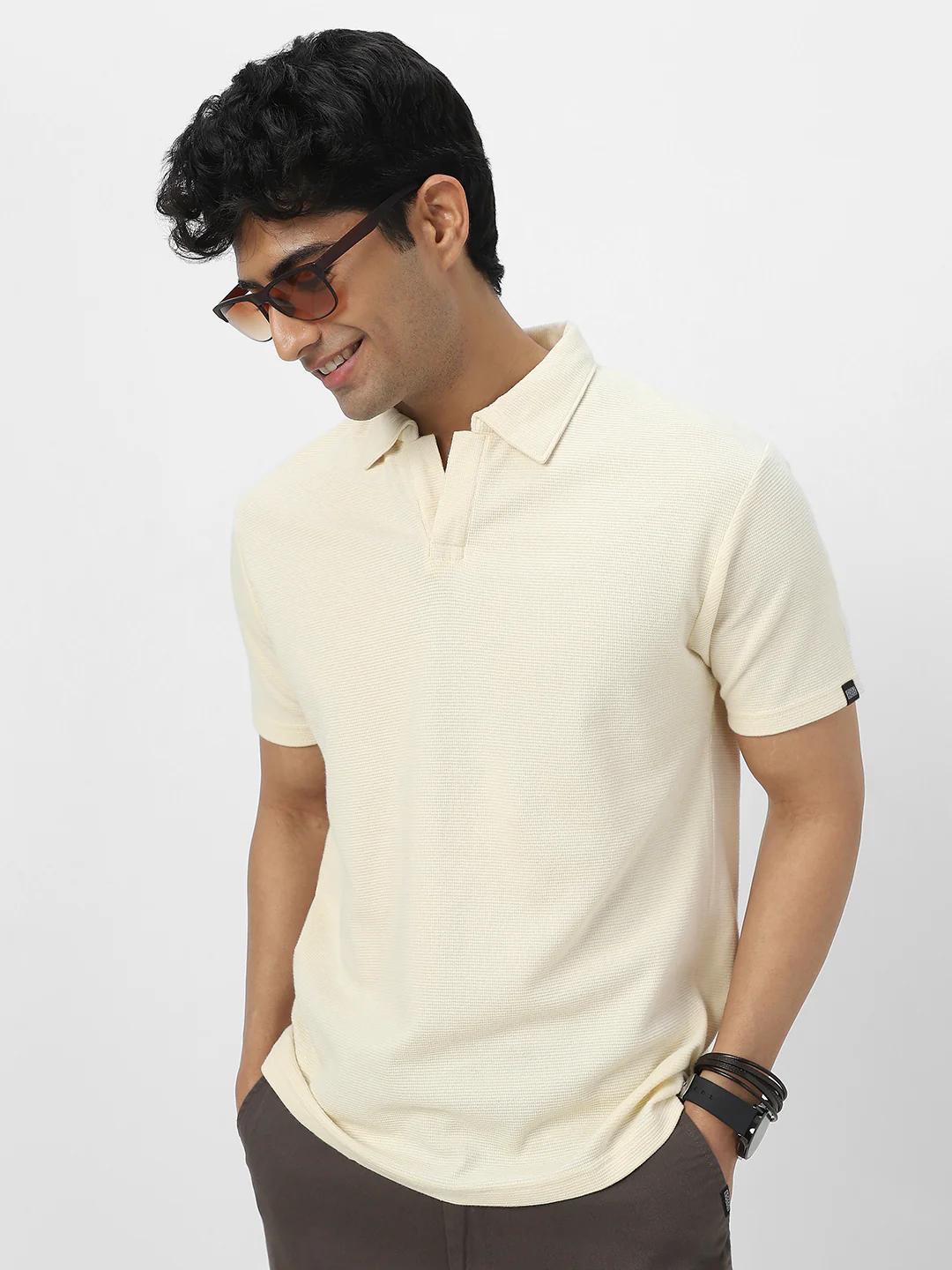 Men's Cloud Cream Textured Regular Fit Half Sleeve Cotton Polo T-Shirt - Image 2