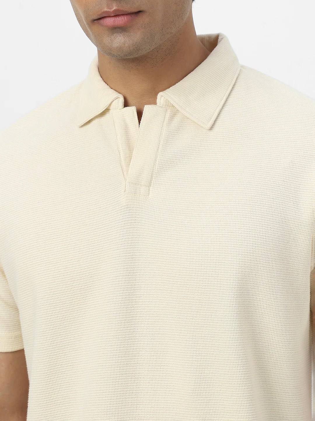 Men's Cloud Cream Textured Regular Fit Half Sleeve Cotton Polo T-Shirt - Image 3