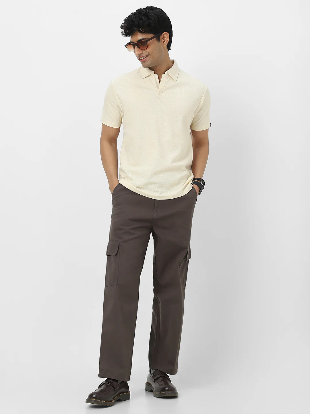 Men's Cloud Cream Textured Regular Fit Half Sleeve Cotton Polo T-Shirt - Image 6
