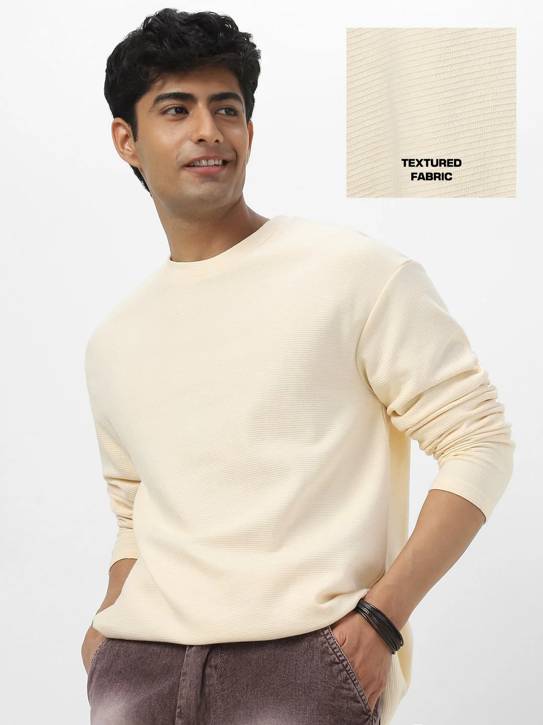 Men's Cloud Cream Textured Round Neck Oversized Full Sleeve Cotton T-Shirt - Image 2