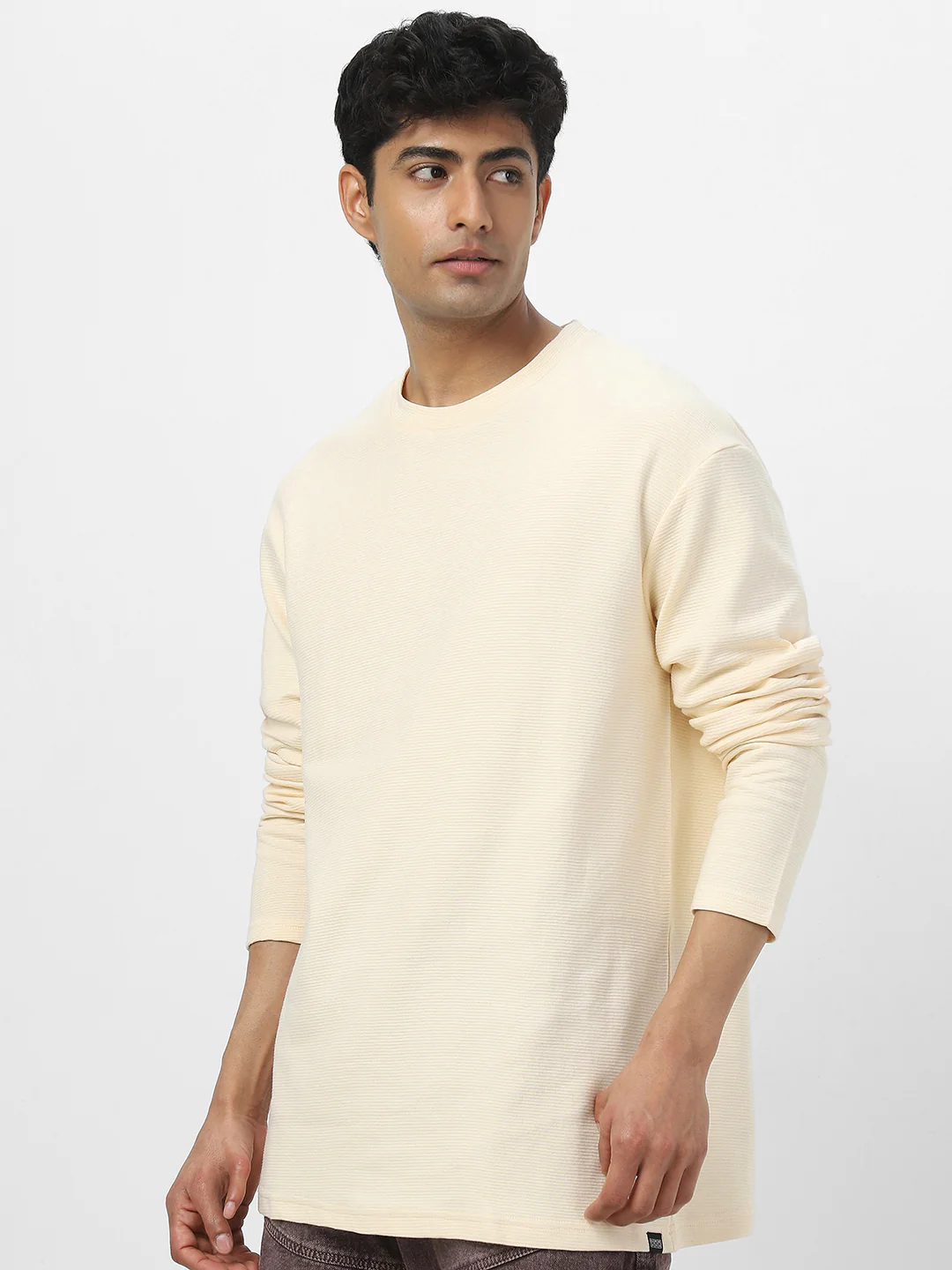 Men's Cloud Cream Textured Round Neck Oversized Full Sleeve Cotton T-Shirt - Image 3