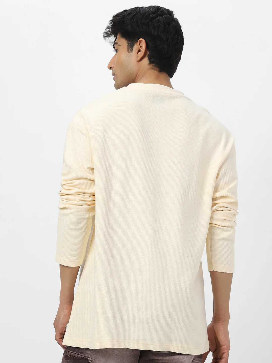 Men's Cloud Cream Textured Round Neck Oversized Full Sleeve Cotton T-Shirt - Image 4