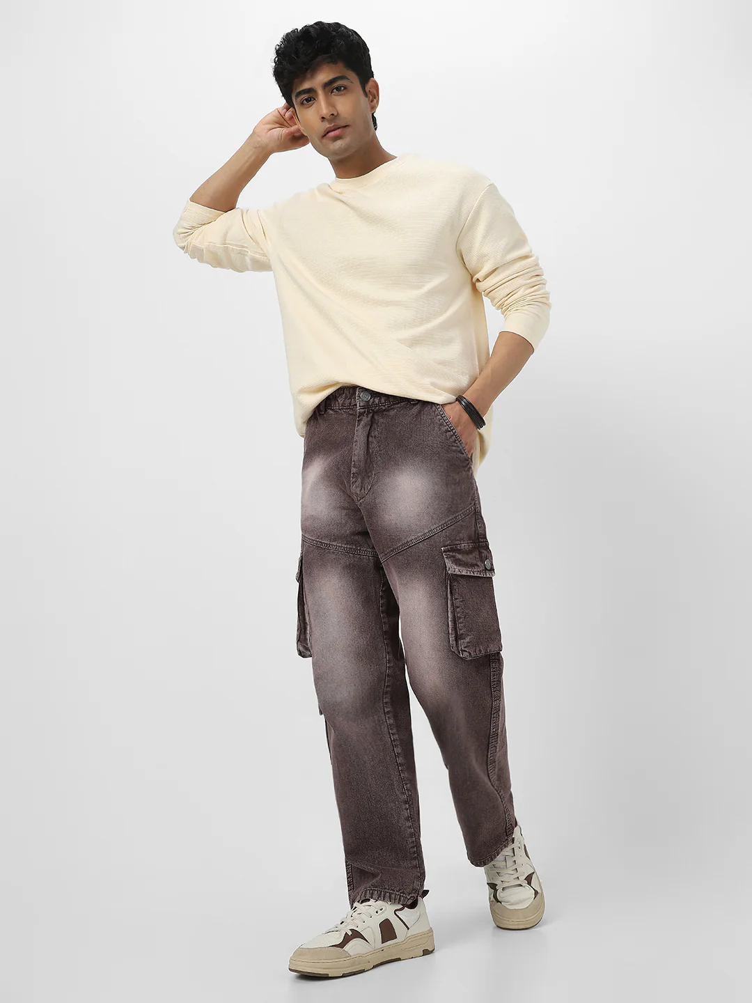 Men's Cloud Cream Textured Round Neck Oversized Full Sleeve Cotton T-Shirt - Image 5