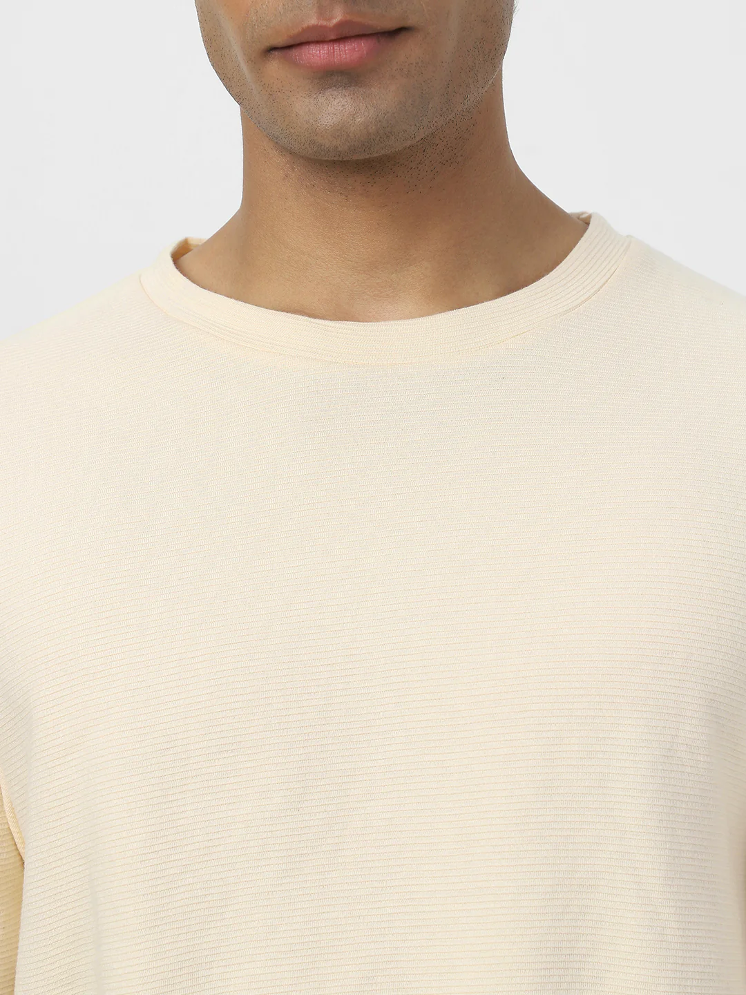 Men's Cloud Cream Textured Round Neck Oversized Full Sleeve Cotton T-Shirt - Image 6