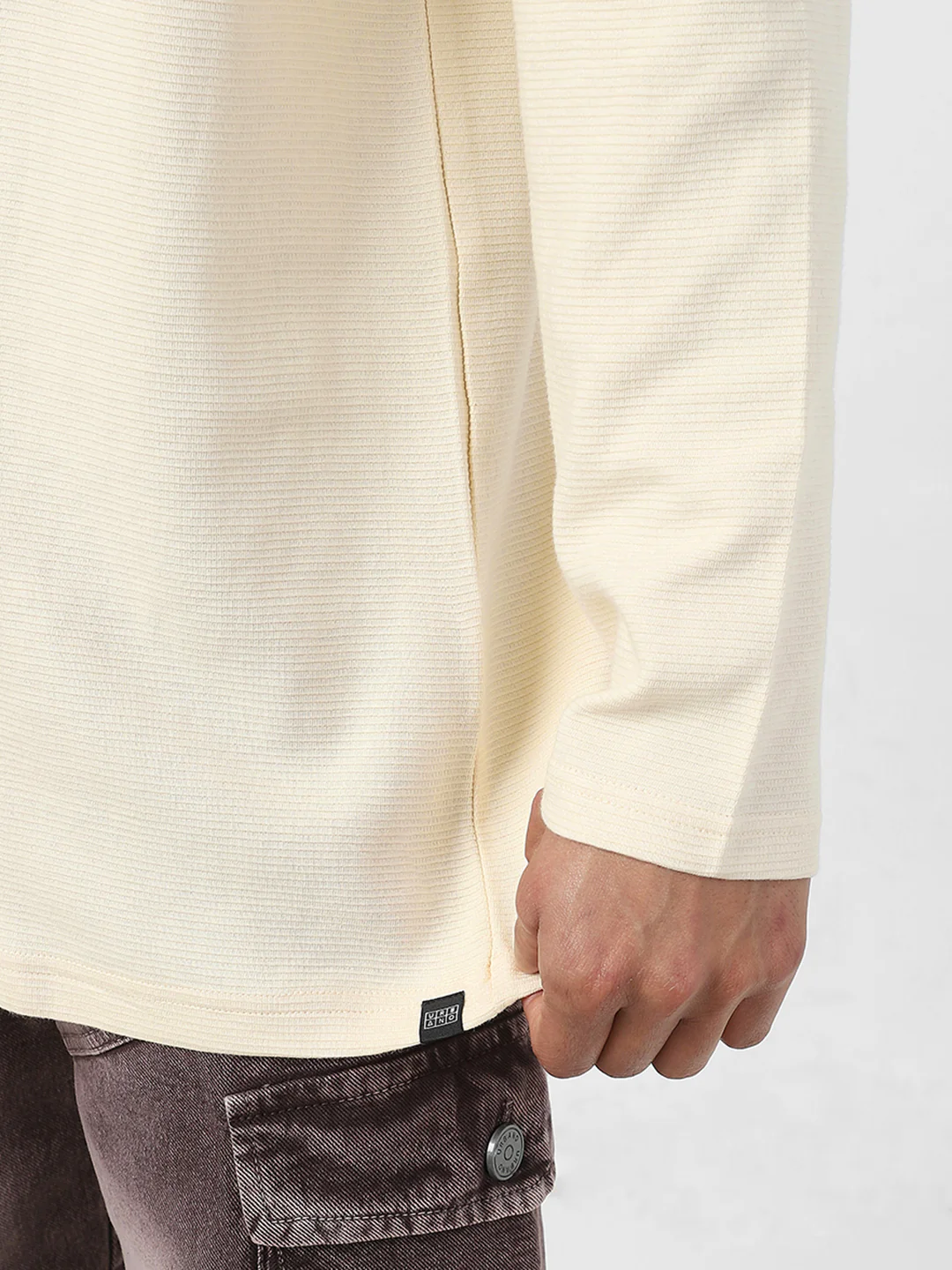 Men's Cloud Cream Textured Round Neck Oversized Full Sleeve Cotton T-Shirt - Image 7