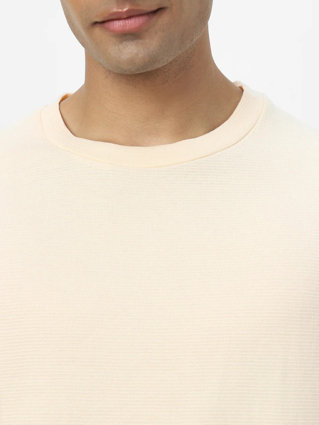 Men's Cloud Cream Textured Round Neck Oversized Half Sleeve Cotton T-Shirt - Image 3