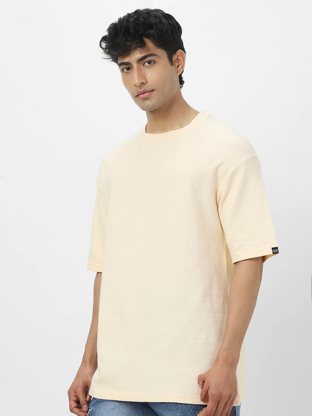 Men's Cloud Cream Textured Round Neck Oversized Half Sleeve Cotton T-Shirt - Image 4