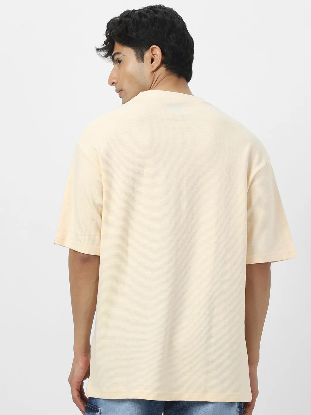 Men's Cloud Cream Textured Round Neck Oversized Half Sleeve Cotton T-Shirt - Image 5