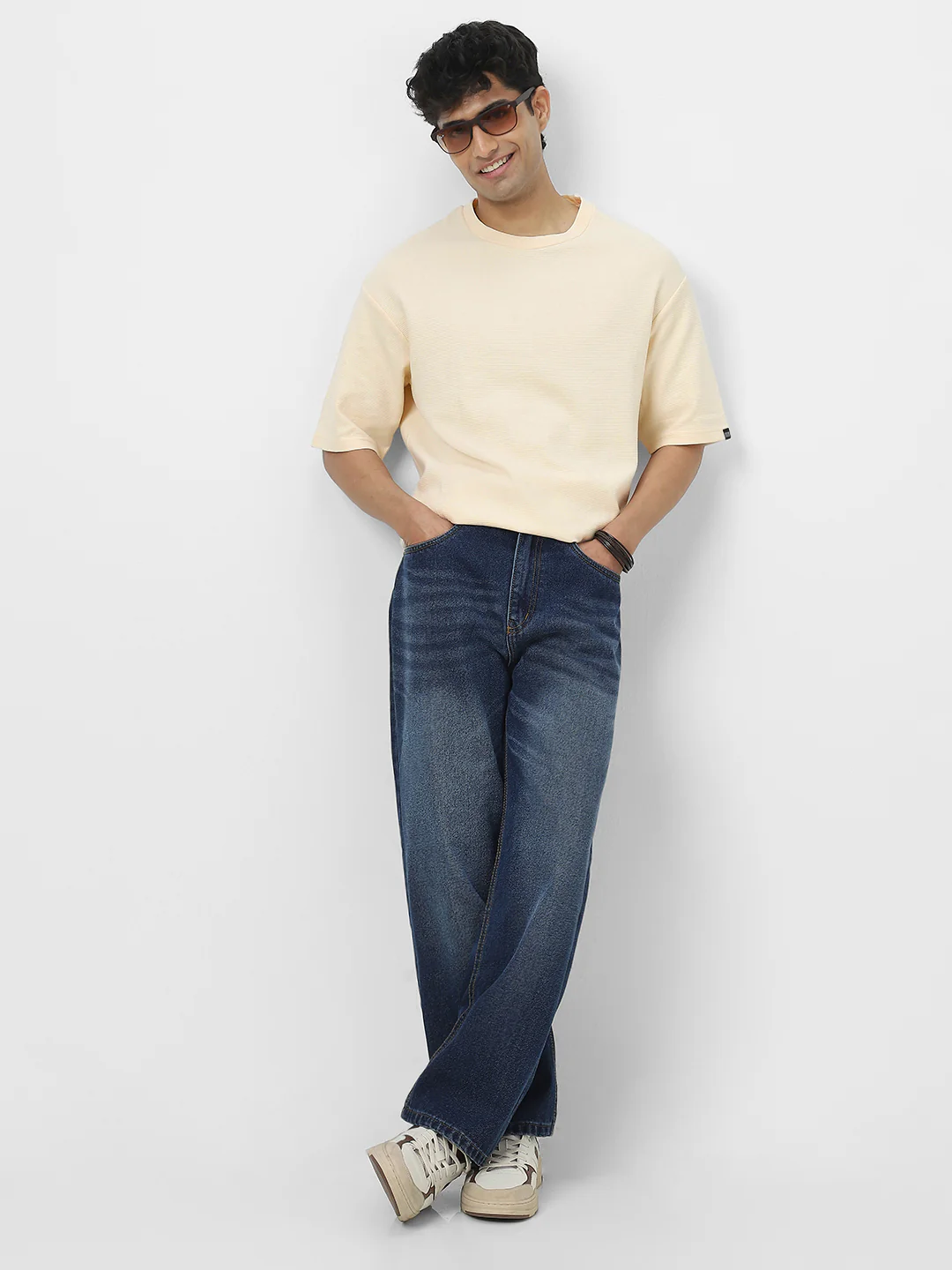 Men's Cloud Cream Textured Round Neck Oversized Half Sleeve Cotton T-Shirt - Image 6