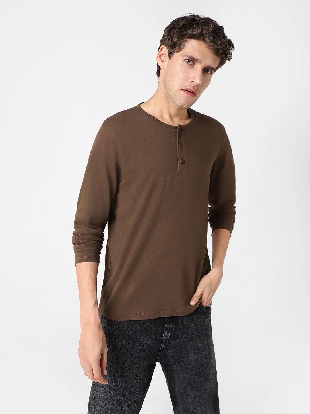 Men's Cocoa Brown Solid Henley Neck Slim Fit Full Sleeve Cotton T-Shirt - Image 2