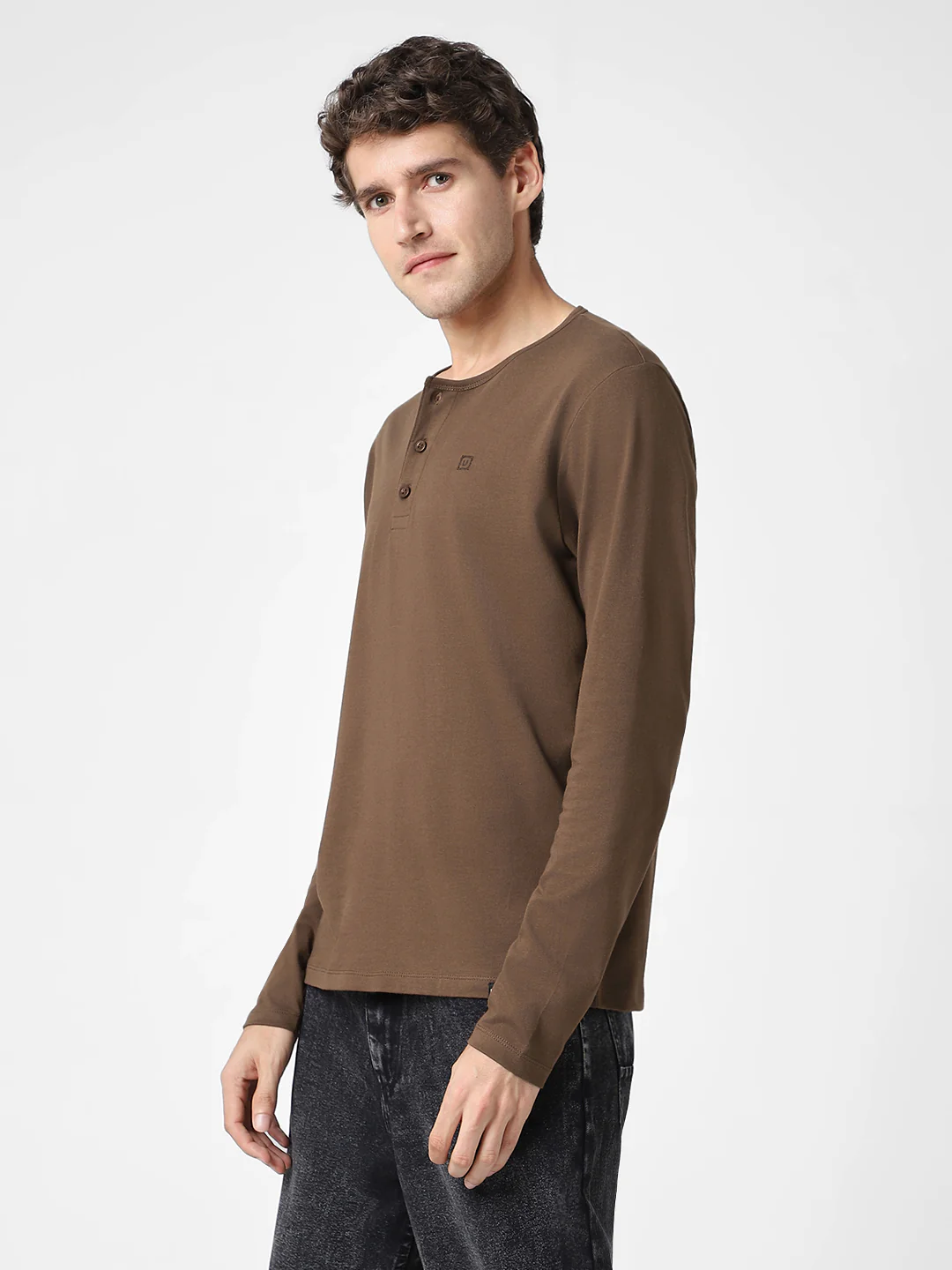 Men's Cocoa Brown Solid Henley Neck Slim Fit Full Sleeve Cotton T-Shirt - Image 3