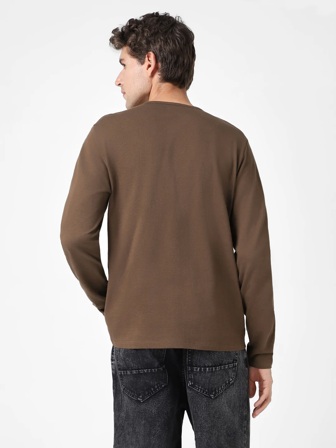 Men's Cocoa Brown Solid Henley Neck Slim Fit Full Sleeve Cotton T-Shirt - Image 4