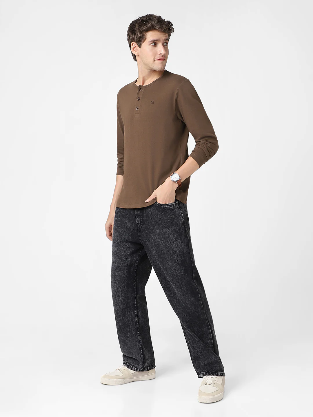 Men's Cocoa Brown Solid Henley Neck Slim Fit Full Sleeve Cotton T-Shirt - Image 5