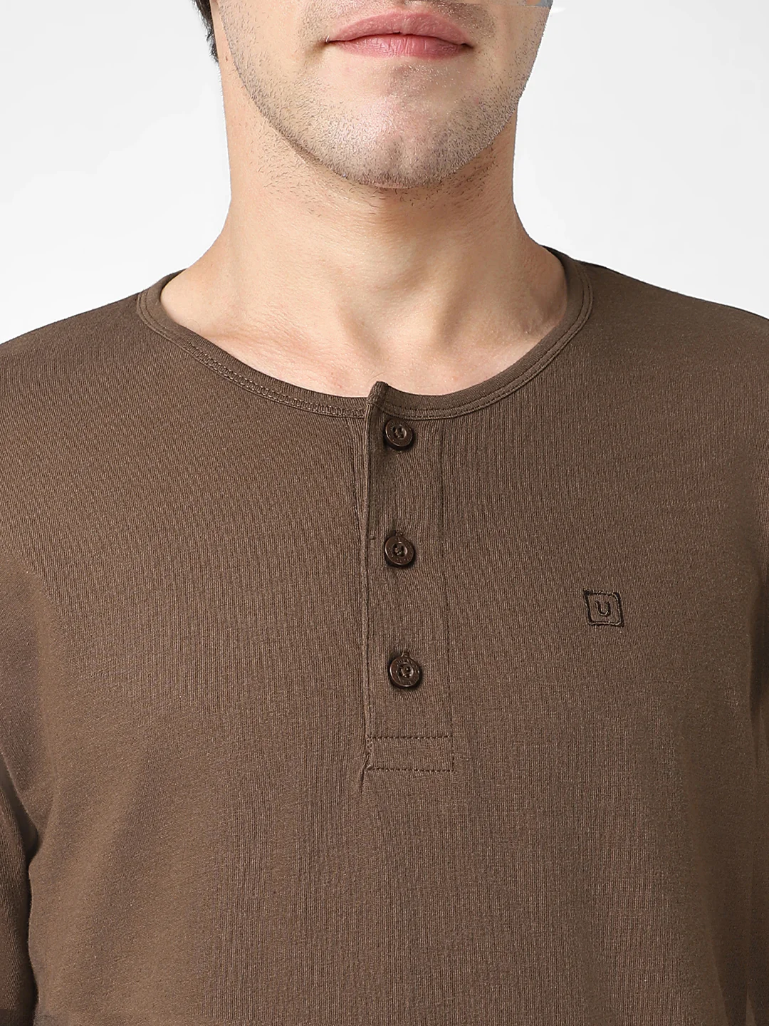 Men's Cocoa Brown Solid Henley Neck Slim Fit Full Sleeve Cotton T-Shirt - Image 6