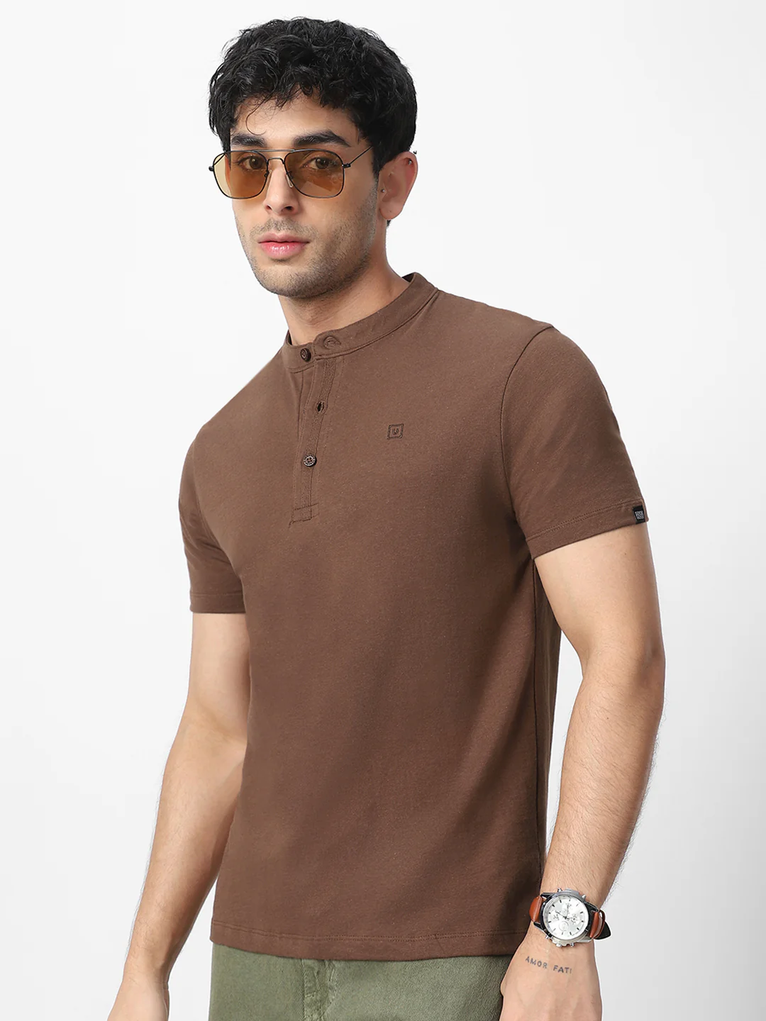 Men's Cocoa Brown Solid Mandarin Collar Slim Fit Half Sleeve Cotton T-Shirt - Image 2