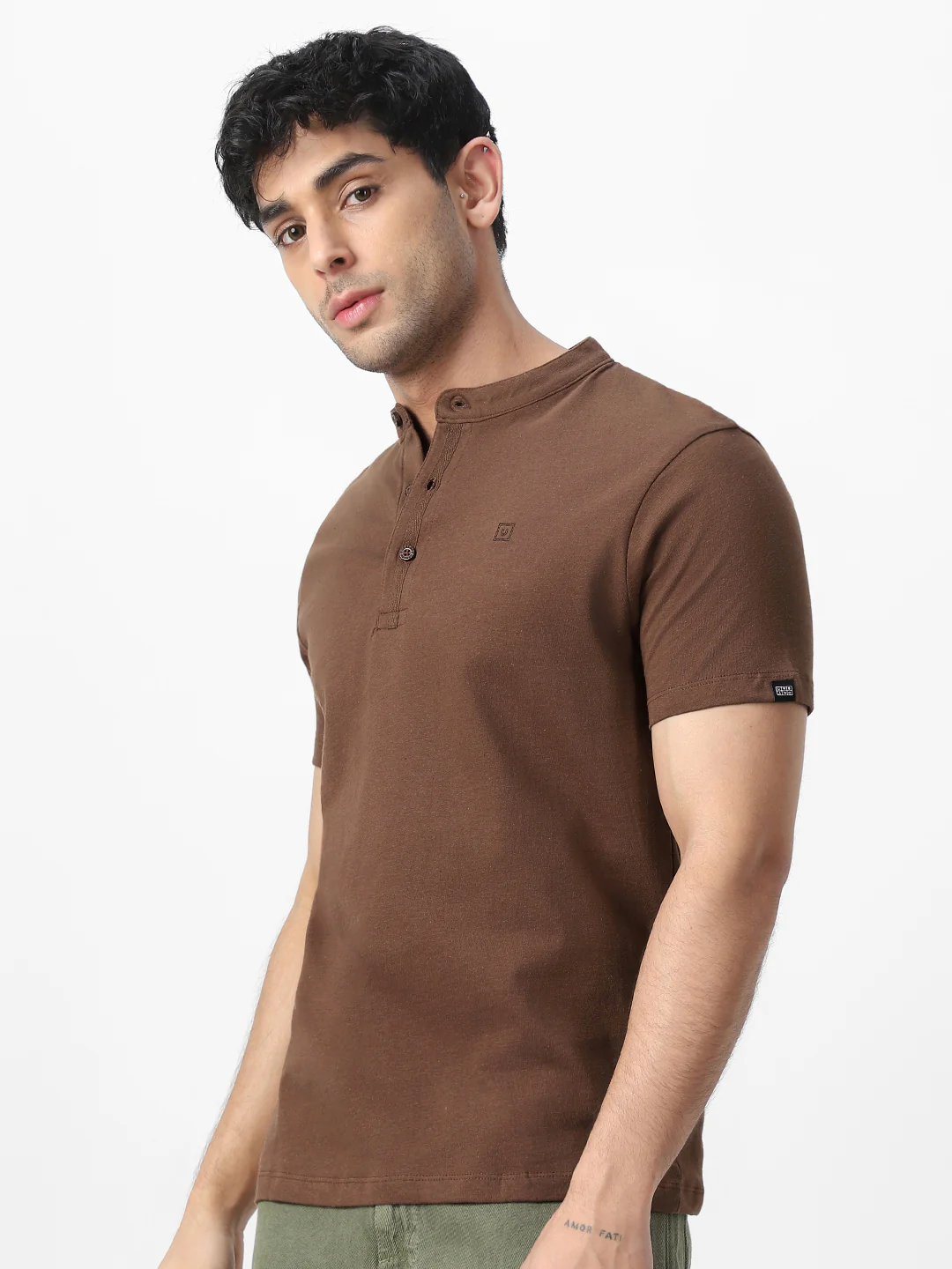 Men's Cocoa Brown Solid Mandarin Collar Slim Fit Half Sleeve Cotton T-Shirt - Image 3