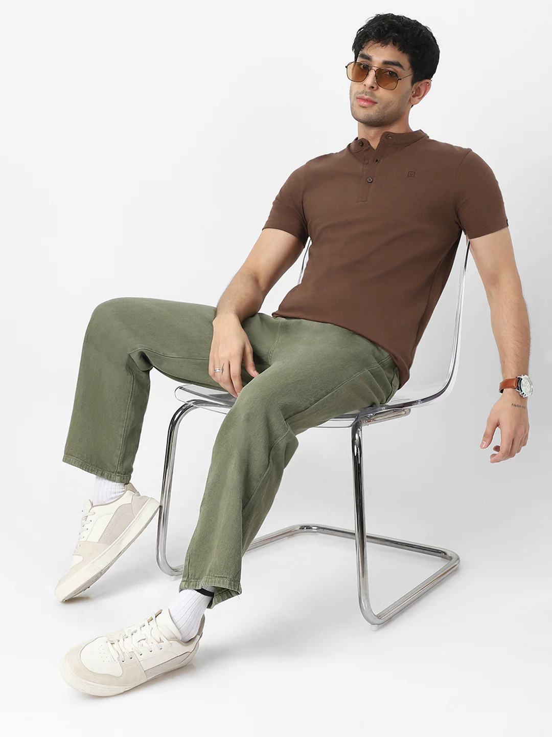Men's Cocoa Brown Solid Mandarin Collar Slim Fit Half Sleeve Cotton T-Shirt - Image 5