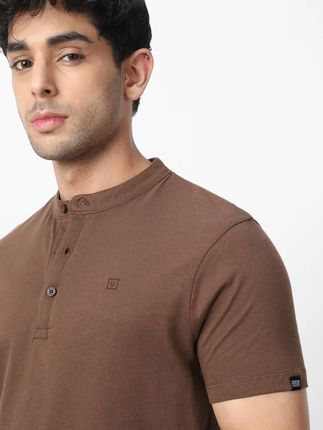 Men's Cocoa Brown Solid Mandarin Collar Slim Fit Half Sleeve Cotton T-Shirt - Image 6