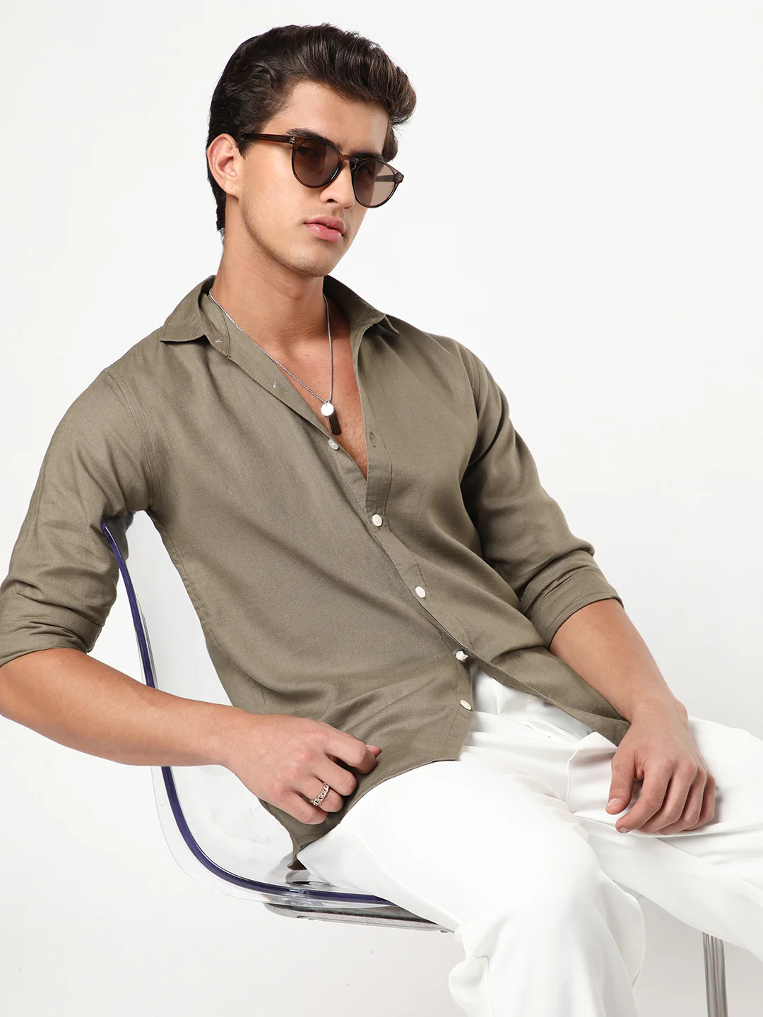 Men's Coffee Linen Blend Full Sleeve Relaxed Fit Casual Solid Shirt