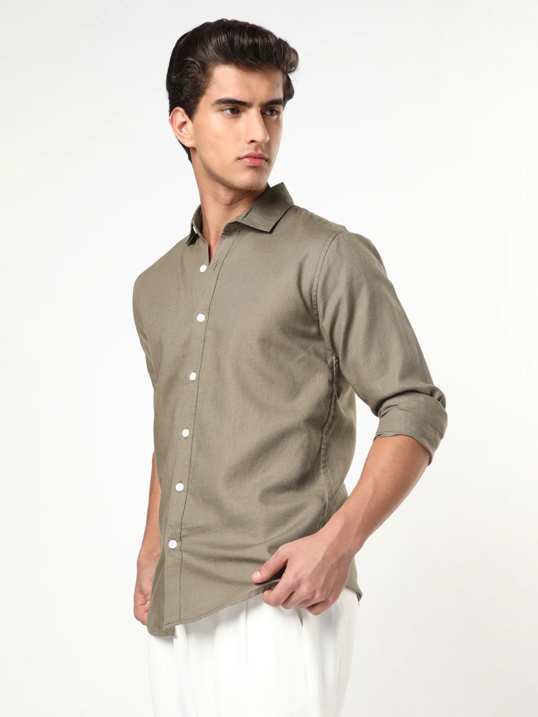 Men's Coffee Linen Blend Full Sleeve Relaxed Fit Casual Solid Shirt - Image 2