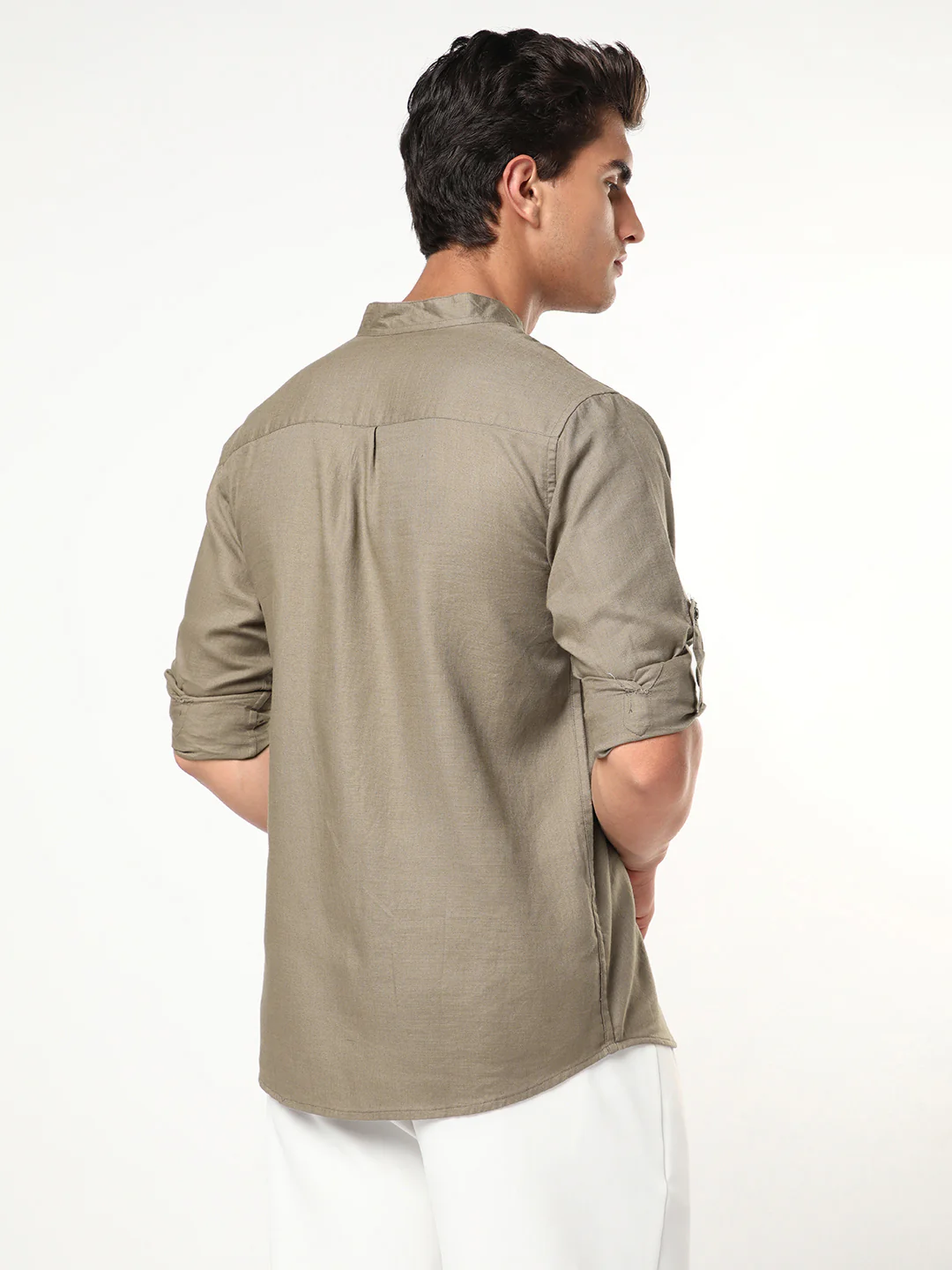 Men's Coffee Linen Blend Full Sleeve Relaxed Fit Mandarin Collar Casual Solid Shirt - Image 3