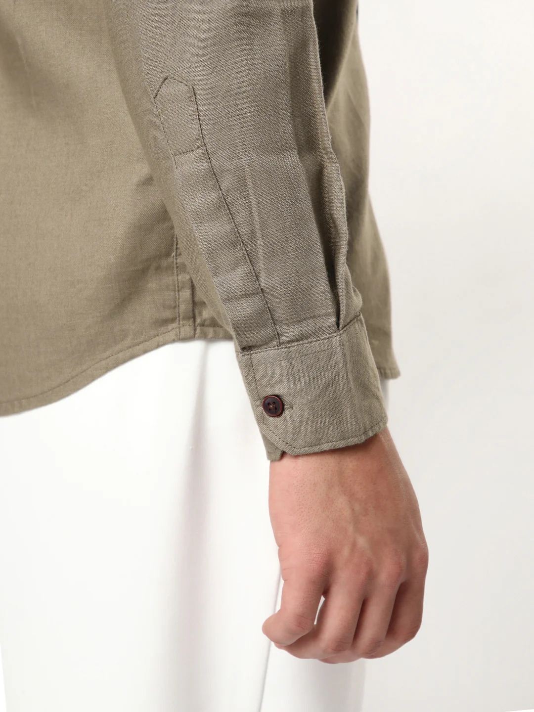 Men's Coffee Linen Blend Full Sleeve Relaxed Fit Mandarin Collar Casual Solid Shirt - Image 5