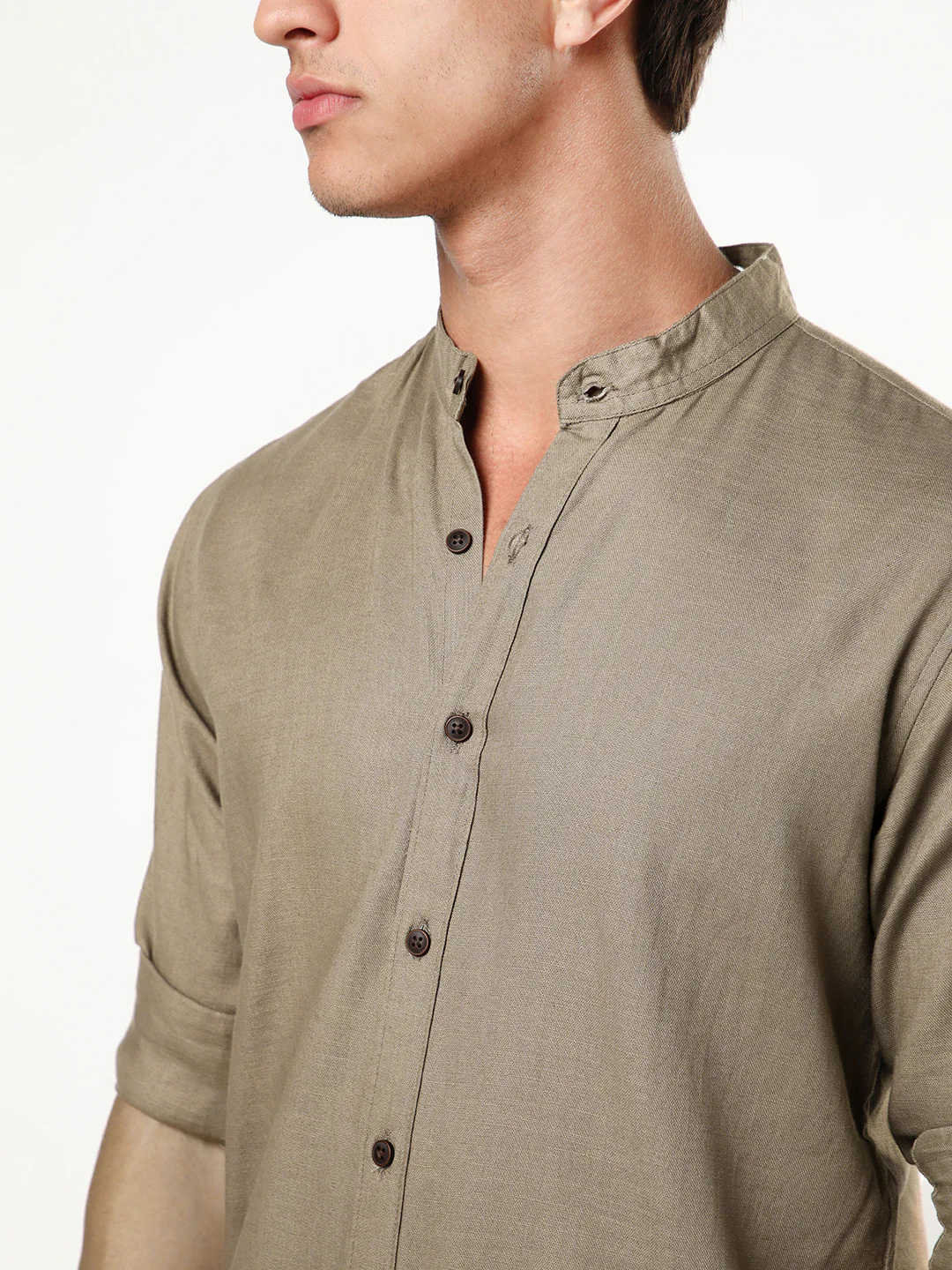 Men's Coffee Linen Blend Full Sleeve Relaxed Fit Mandarin Collar Casual Solid Shirt - Image 6