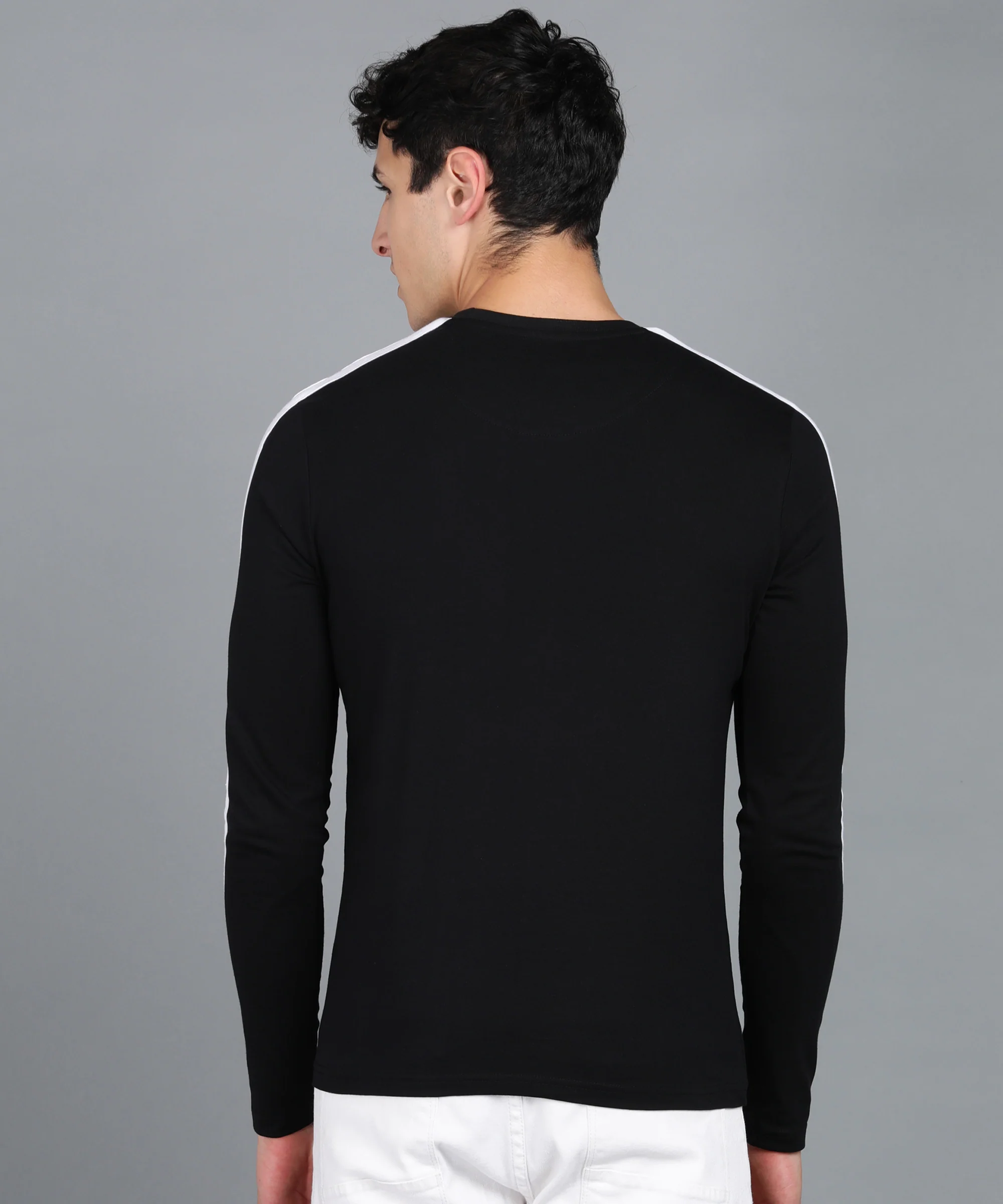 Men's Color-Block Black Round Neck Full Sleeve Slim Fit Cotton T-Shirt - Image 3