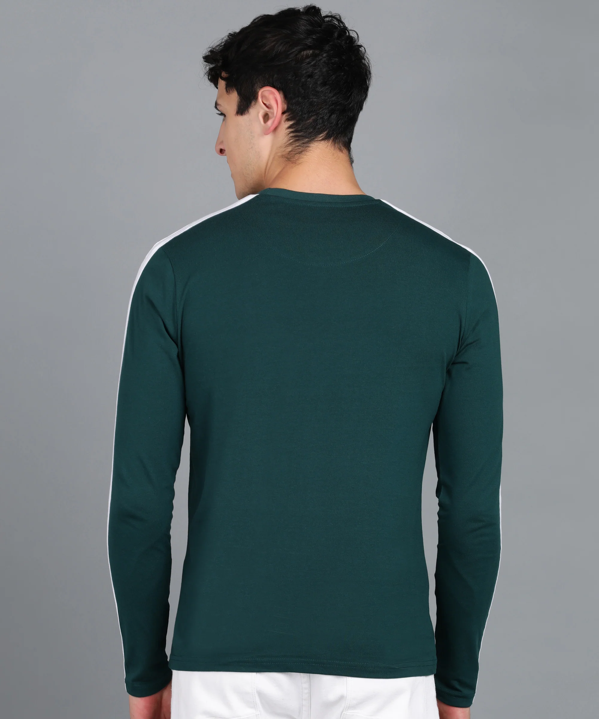 Men's Color-Block Green Round Neck Full Sleeve Slim Fit Cotton T-Shirt - Image 3