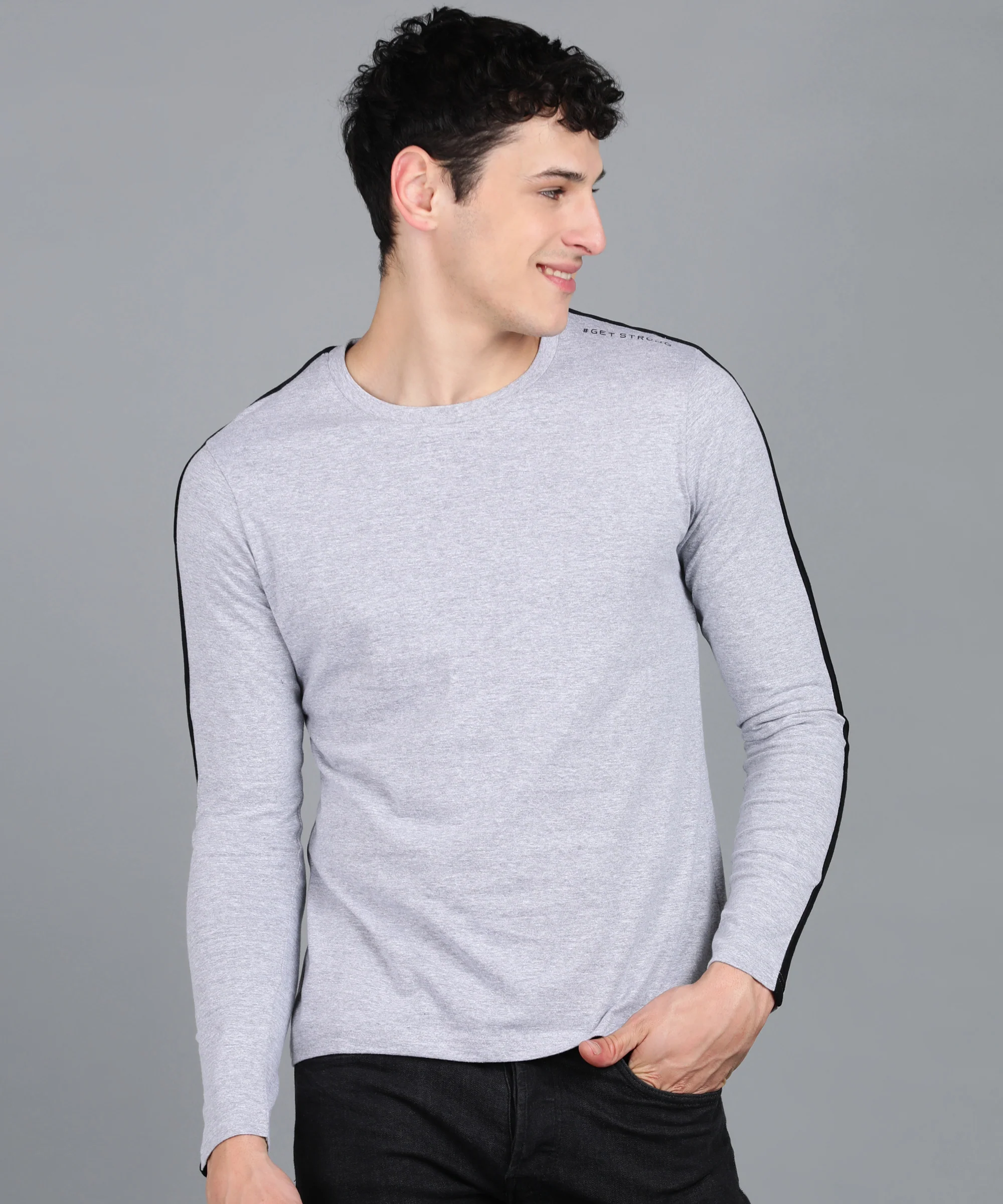 Men's Color-Block Grey Round Neck Full Sleeve Slim Fit Cotton T-Shirt - Image 2