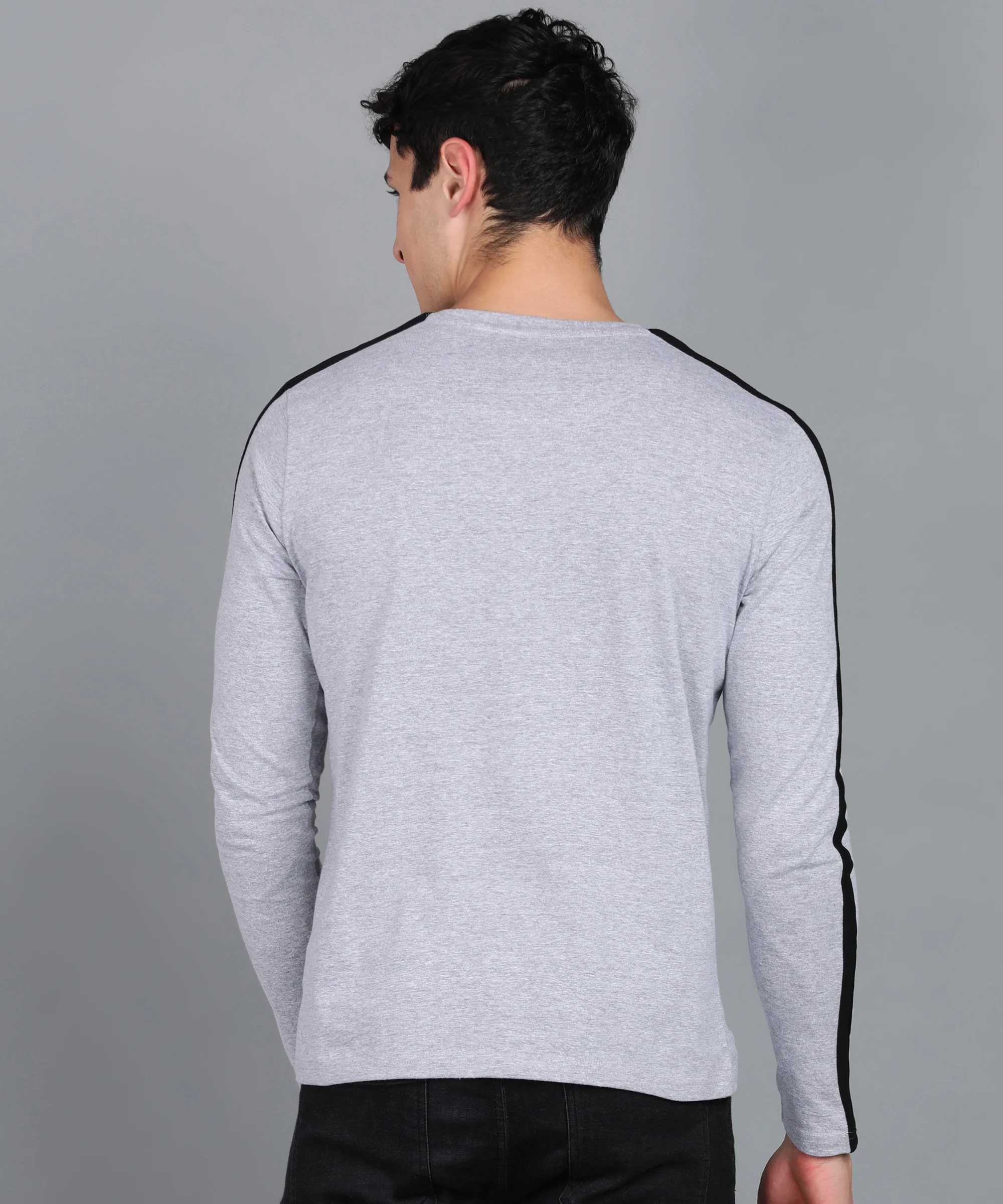 Men's Color-Block Grey Round Neck Full Sleeve Slim Fit Cotton T-Shirt - Image 3
